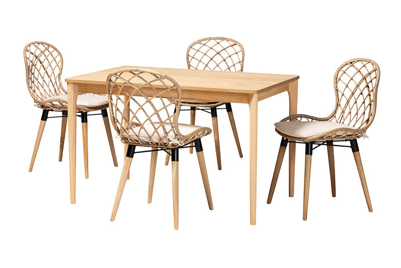 Frank Greywashed Rattan and Natural Brown 5-Piece Dining Set Baxton