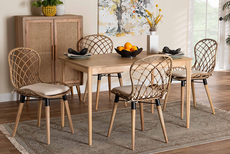 Frank Modern Bohemian Greywashed Rattan and Natural Brown Finished Wood 5-Piece Dining Set