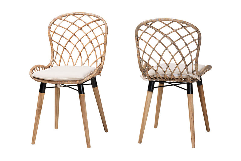 Frank Natural Brown Teak Wood and Greywashed Rattan 2Pc Dining Chair Set Baxton