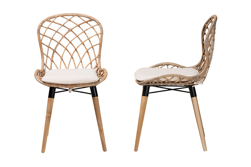 Frank Natural Brown Teak Wood and Greywashed Rattan 2Pc Dining Chair Set Baxton
