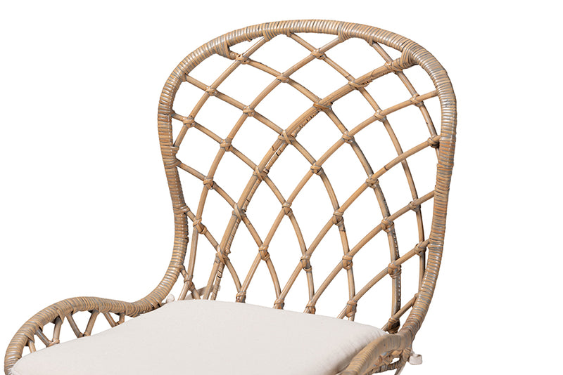 Frank Modern Bohemian Natural Brown Finished Teak Wood and Greywashed Rattan 2-Piece Dining Chair Set