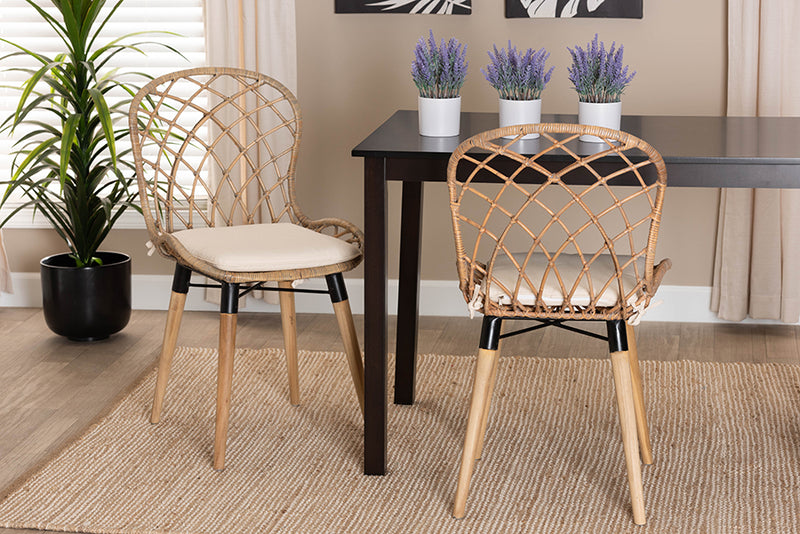 Frank Modern Bohemian Natural Brown Finished Teak Wood and Greywashed Rattan 2-Piece Dining Chair Set