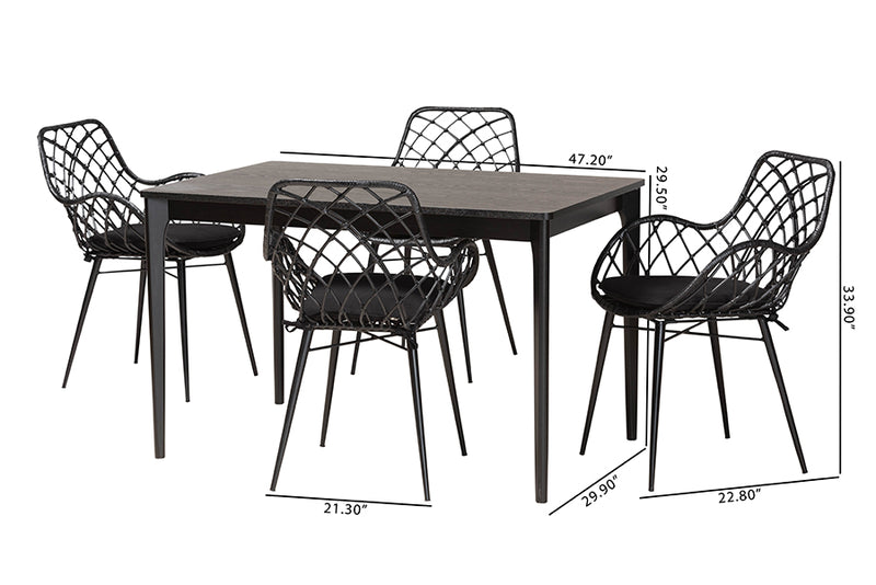 Langley Modern Bohemian Black Finished Wood and Rattan 5-Piece Dining Set