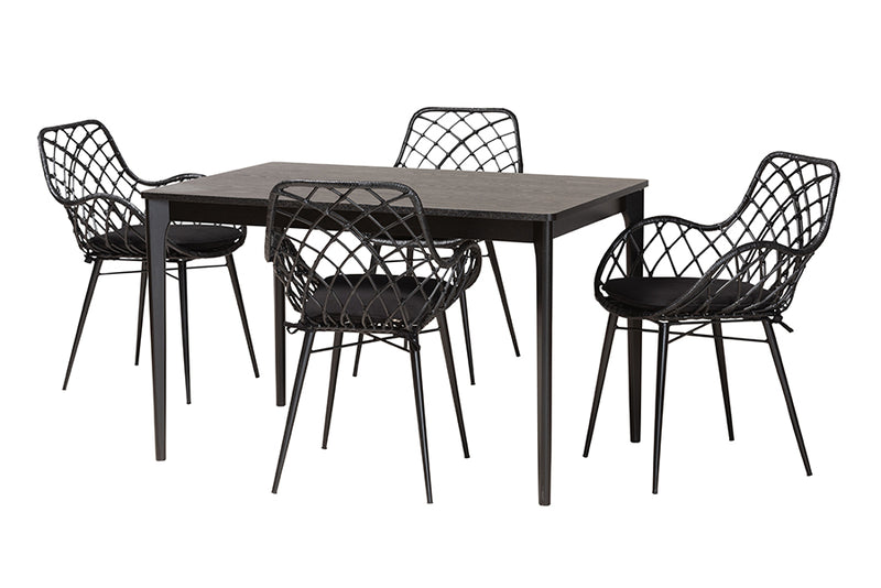 Langley Modern Bohemian Black Finished Wood and Rattan 5-Piece Dining Set