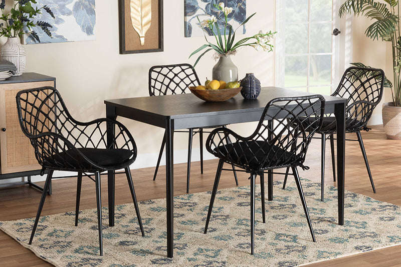 Langley Modern Bohemian Black Finished Wood and Rattan 5-Piece Dining Set