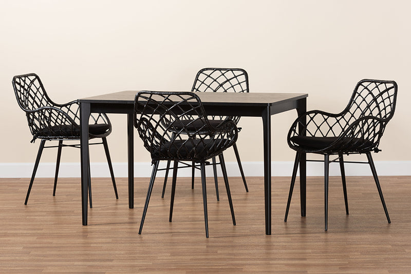 Langley Modern Bohemian Black Finished Wood and Rattan 5-Piece Dining Set