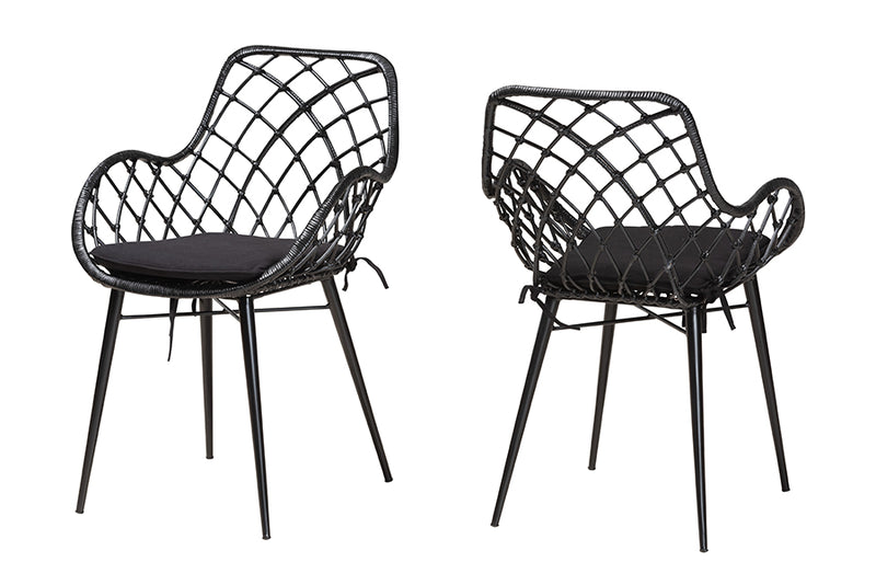 Langley Modern Bohemian Black Finished Rattan and Metal 2-Piece Dining Chair Set