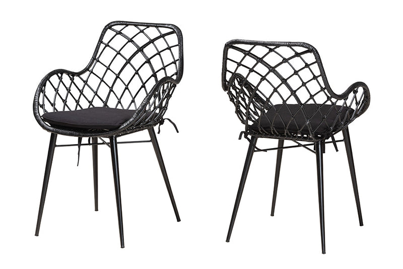 Langley Black Finished Rattan and Metal 2Pc Dining Chair Set Baxton
