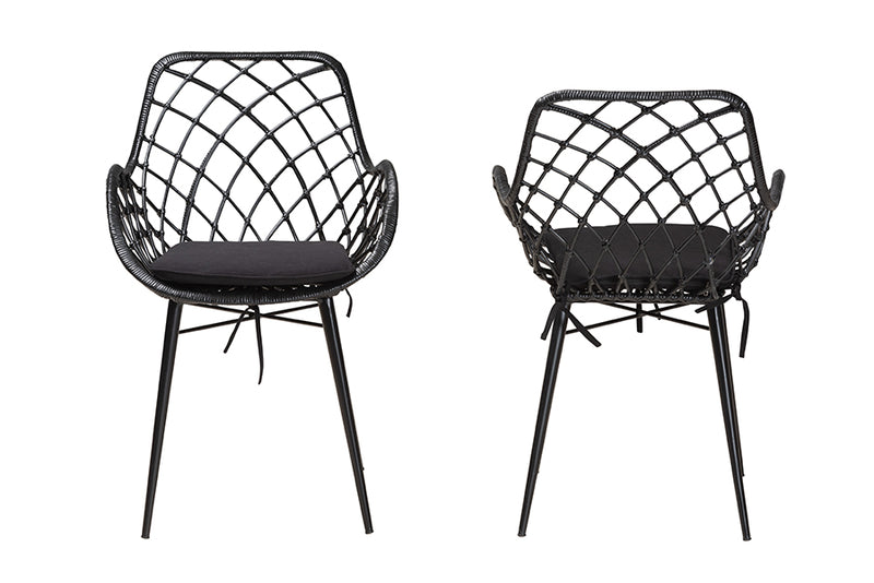 Langley Modern Bohemian Black Finished Rattan and Metal 2-Piece Dining Chair Set