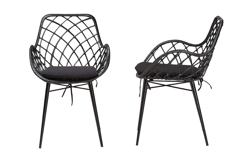 Langley Modern Bohemian Black Finished Rattan and Metal 2-Piece Dining Chair Set