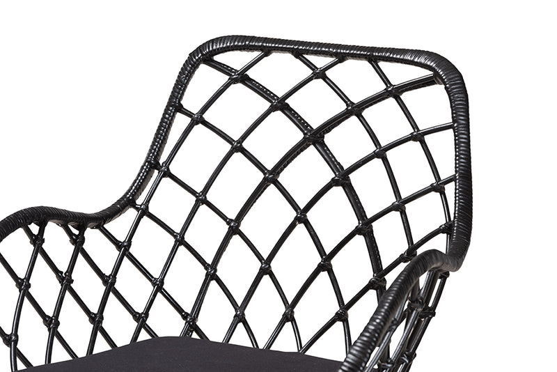 Langley Modern Bohemian Black Finished Rattan and Metal 2-Piece Dining Chair Set