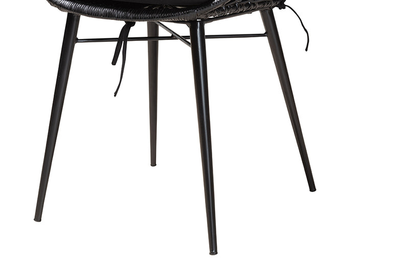 Langley Modern Bohemian Black Finished Rattan and Metal 2-Piece Dining Chair Set