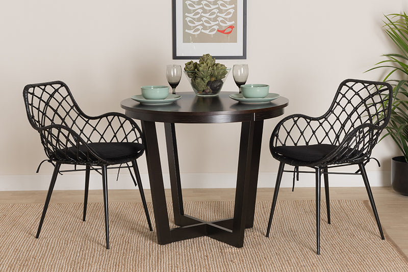 Langley Modern Bohemian Black Finished Rattan and Metal 2-Piece Dining Chair Set