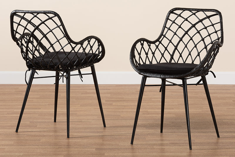 Langley Modern Bohemian Black Finished Rattan and Metal 2-Piece Dining Chair Set