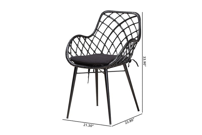 Langley Modern Bohemian Black Finished Rattan and Metal 2-Piece Dining Chair Set