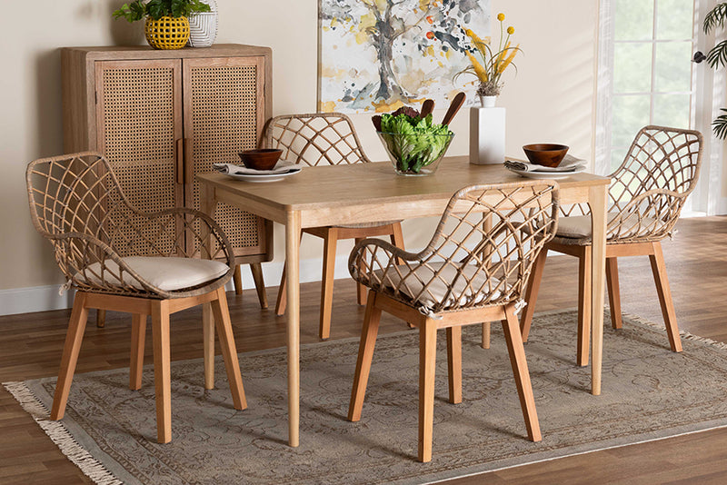 Langley Modern Bohemian Greywashed Rattan and Natural Brown Finished Mahogany Wood 5-Piece Dining Set