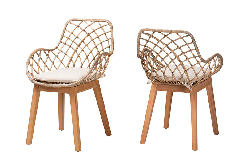 Langley Greywashed Rattan and Natural Brown 2Pc Dining Chair Set Baxton