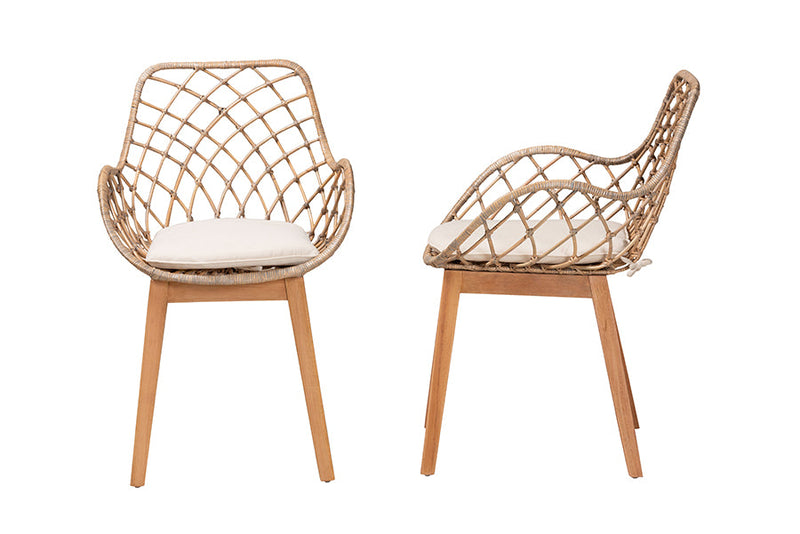 Langley Greywashed Rattan and Natural Brown 2Pc Dining Chair Set Baxton