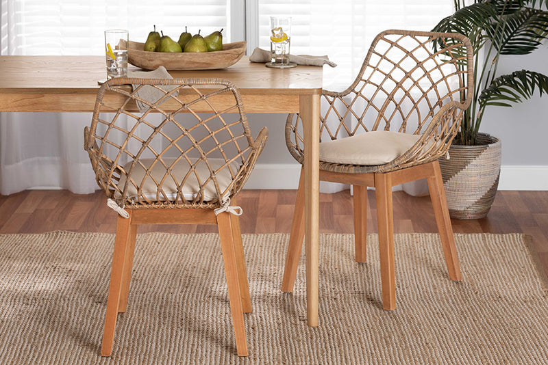 Langley Modern Bohemian Greywashed Rattan and Natural Brown Finished Wood 2-Piece Dining Chair Set