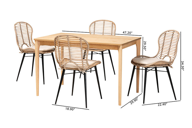 Clement Greywashed Rattan and Natural Brown 5-Piece Dining Set Baxton