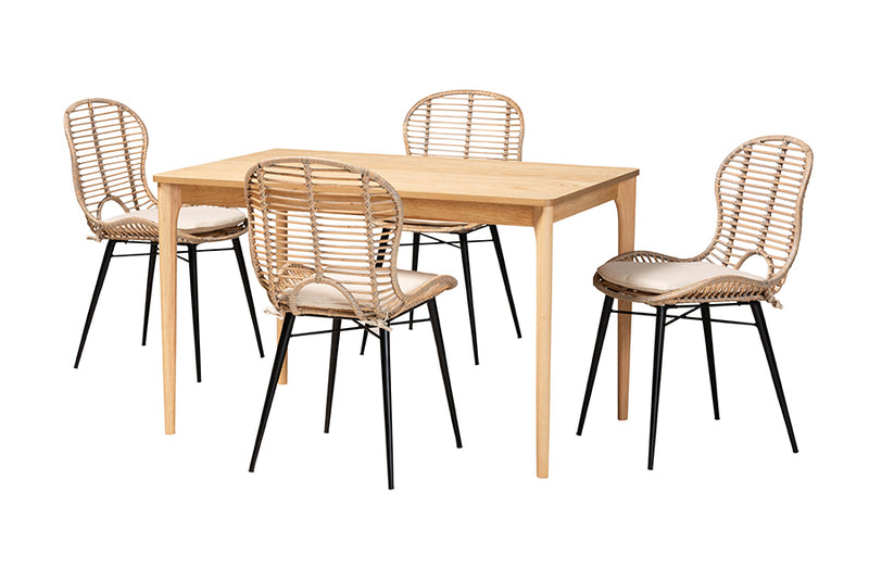 Clement Modern Bohemian Greywashed Rattan and Natural Brown Finished Wood 5-Piece Dining Set