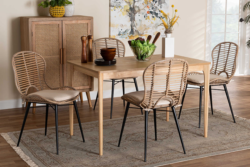 Clement Modern Bohemian Greywashed Rattan and Natural Brown Finished Wood 5-Piece Dining Set