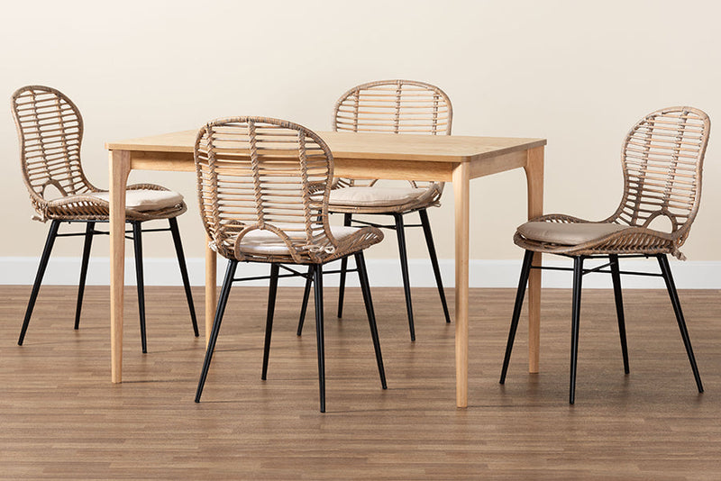 Clement Greywashed Rattan and Natural Brown 5-Piece Dining Set Baxton