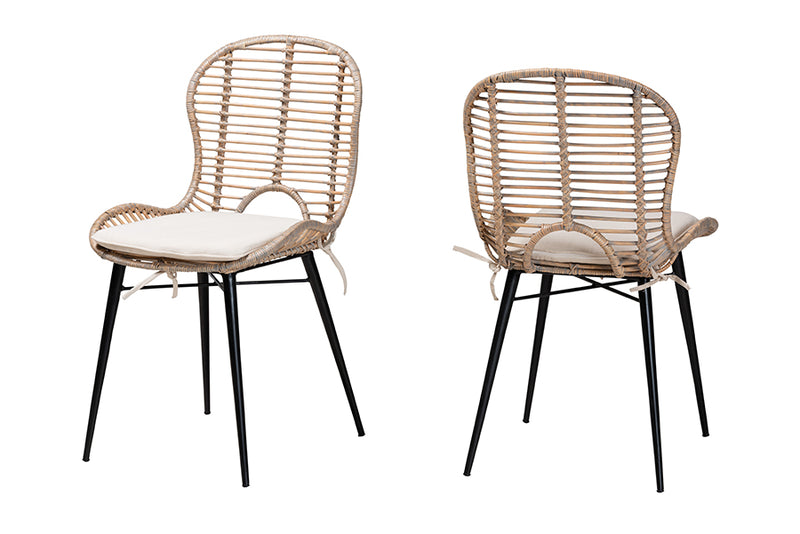 Clement Modern Bohemian Greywashed Rattan and Black Metal 2-Piece Dining Chair Set