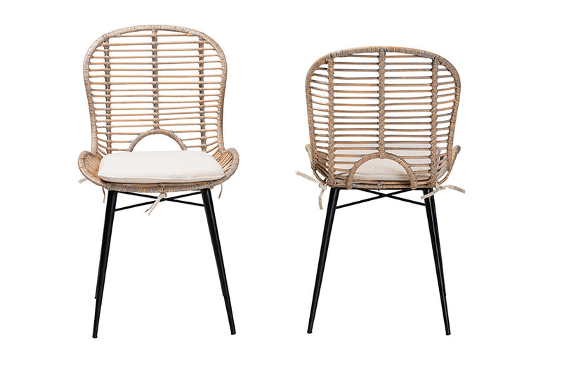 Clement Greywashed Rattan and Black Metal 2Pc Dining Chair Set Baxton