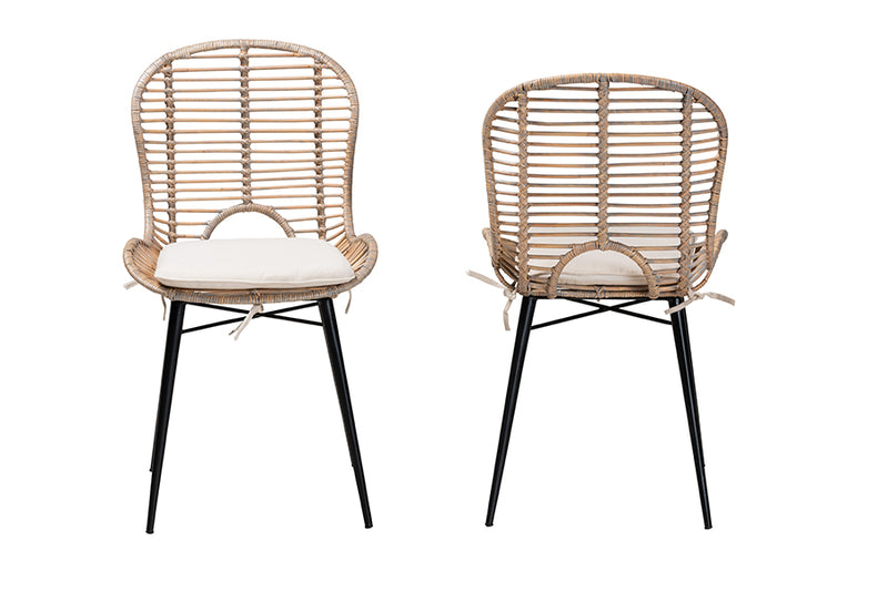 Clement Modern Bohemian Greywashed Rattan and Black Metal 2-Piece Dining Chair Set