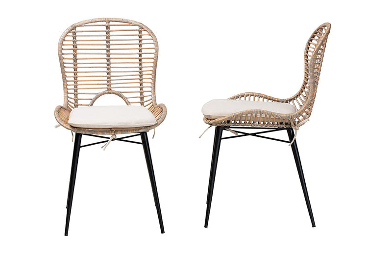 Clement Greywashed Rattan and Black Metal 2Pc Dining Chair Set Baxton