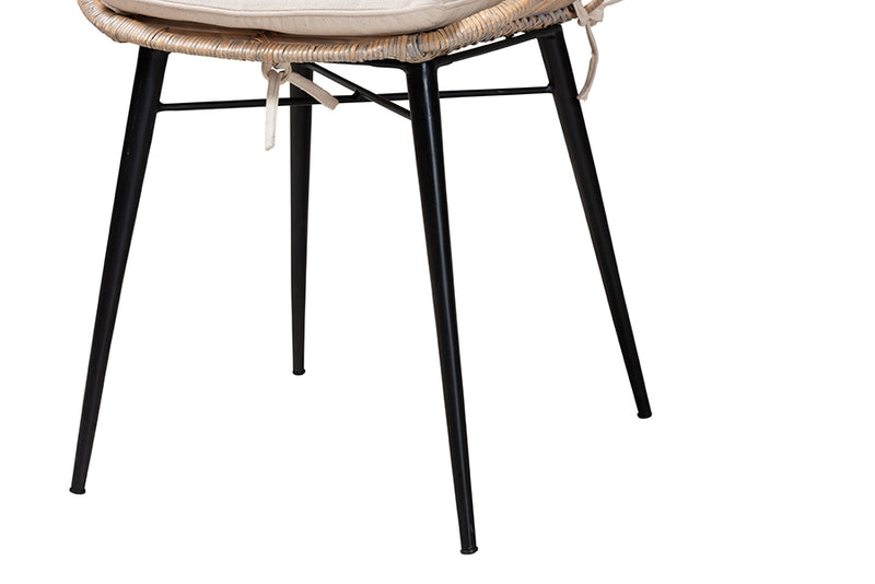 Clement Modern Bohemian Greywashed Rattan and Black Metal 2-Piece Dining Chair Set