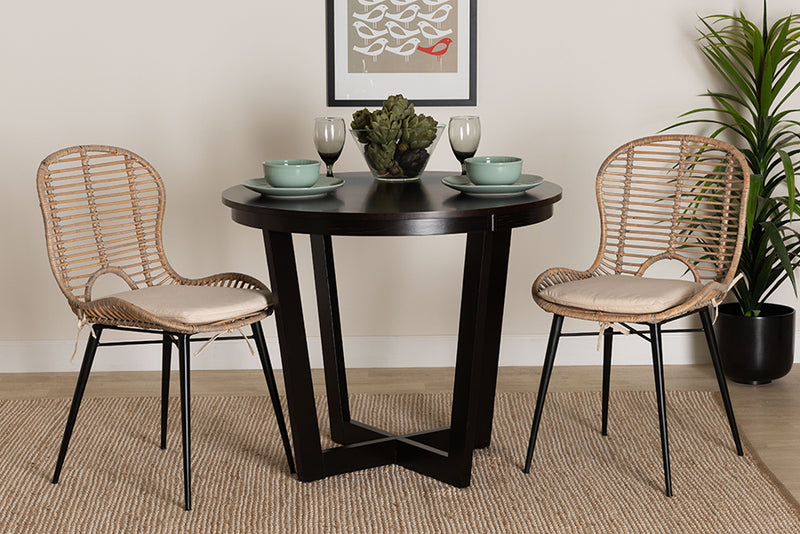 Clement Modern Bohemian Greywashed Rattan and Black Metal 2-Piece Dining Chair Set