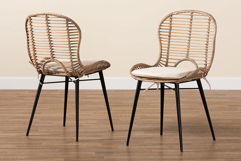 Clement Greywashed Rattan and Black Metal 2Pc Dining Chair Set Baxton