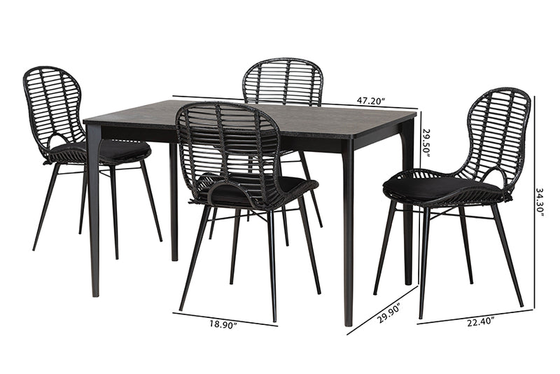 Clement Modern Bohemian Black Finished Wood and Rattan 5-Piece Dining Set