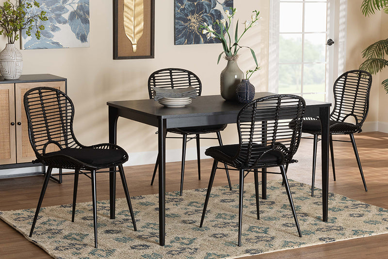 Clement Modern Bohemian Black Finished Wood and Rattan 5-Piece Dining Set