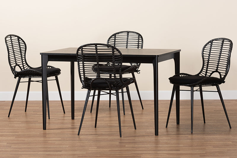 Clement Modern Bohemian Black Finished Wood and Rattan 5-Piece Dining Set