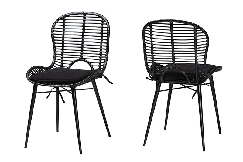 Clement Modern Bohemian Black Finished Rattan and Metal 2-Piece Dining Chair Set