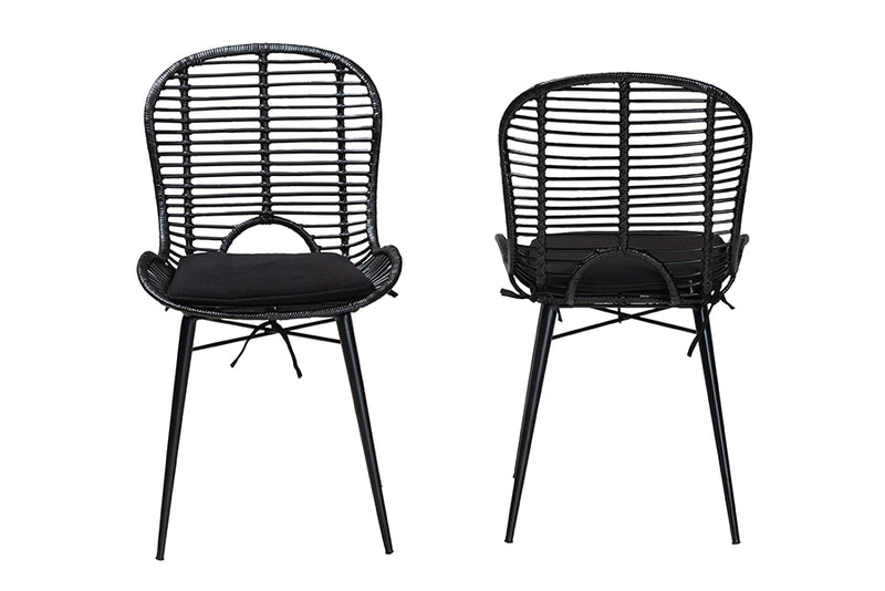 Clement Modern Bohemian Black Finished Rattan and Metal 2-Piece Dining Chair Set