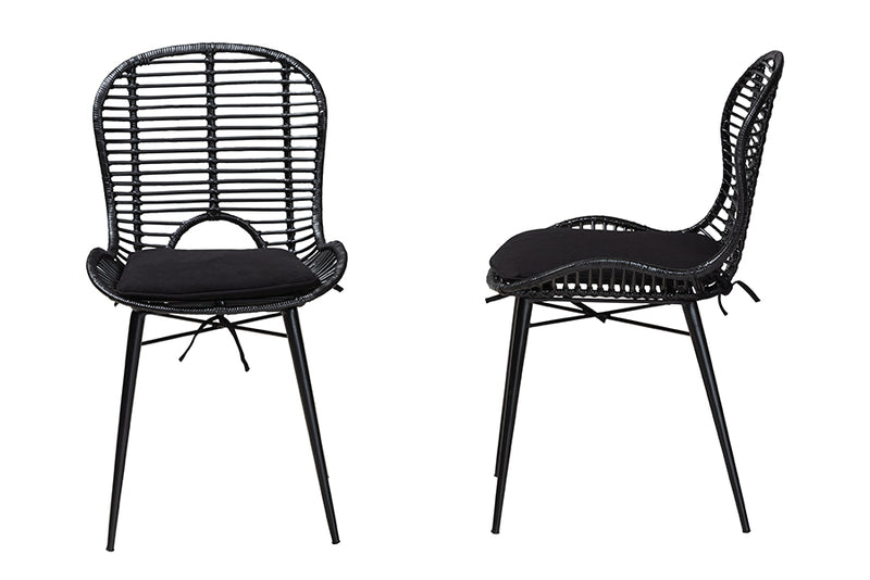 Clement Modern Bohemian Black Finished Rattan and Metal 2-Piece Dining Chair Set