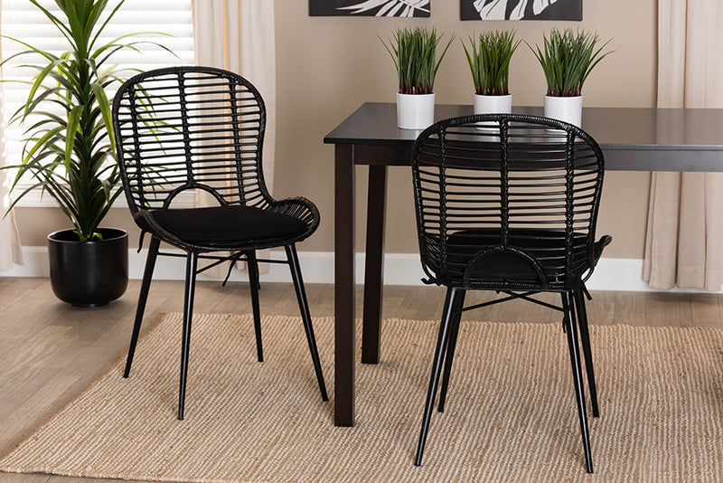 Clement Modern Bohemian Black Finished Rattan and Metal 2-Piece Dining Chair Set