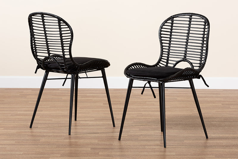 Clement Modern Bohemian Black Finished Rattan and Metal 2-Piece Dining Chair Set