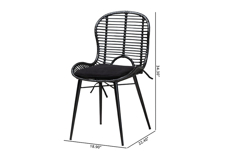 Clement Modern Bohemian Black Finished Rattan and Metal 2-Piece Dining Chair Set