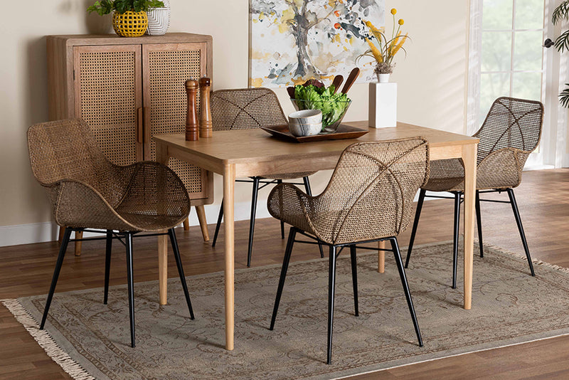 Langley Modern Bohemian Greywashed Rattan and Black Metal 5-Piece Dining Set