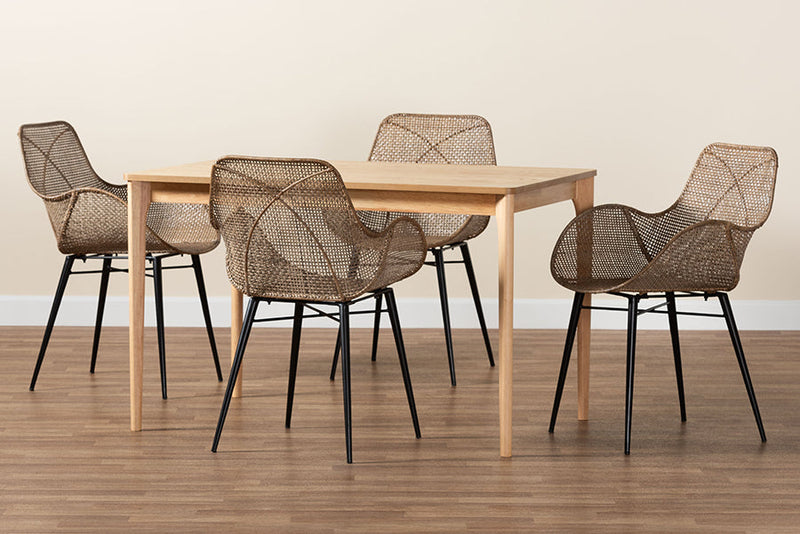 Langley Greywashed Rattan and Black Metal 5-Piece Dining Set Baxton