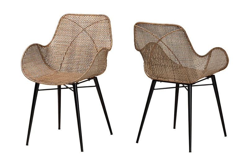 Langley Modern Bohemian Greywashed Rattan and Black Metal 2-Piece Dining Chair Set