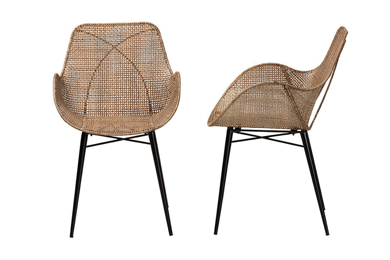 Langley Greywashed Rattan and Black Metal 2Pc Dining Chair Set Baxton