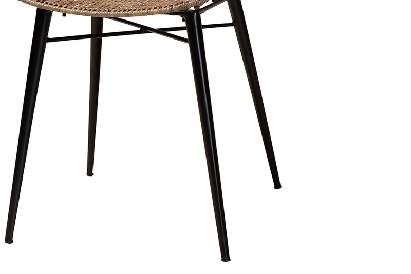 Langley Modern Bohemian Greywashed Rattan and Black Metal 2-Piece Dining Chair Set