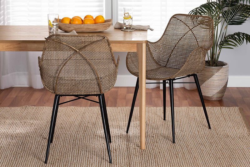 Langley Modern Bohemian Greywashed Rattan and Black Metal 2-Piece Dining Chair Set