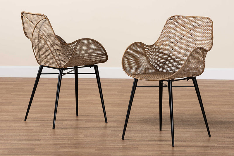 Langley Modern Bohemian Greywashed Rattan and Black Metal 2-Piece Dining Chair Set